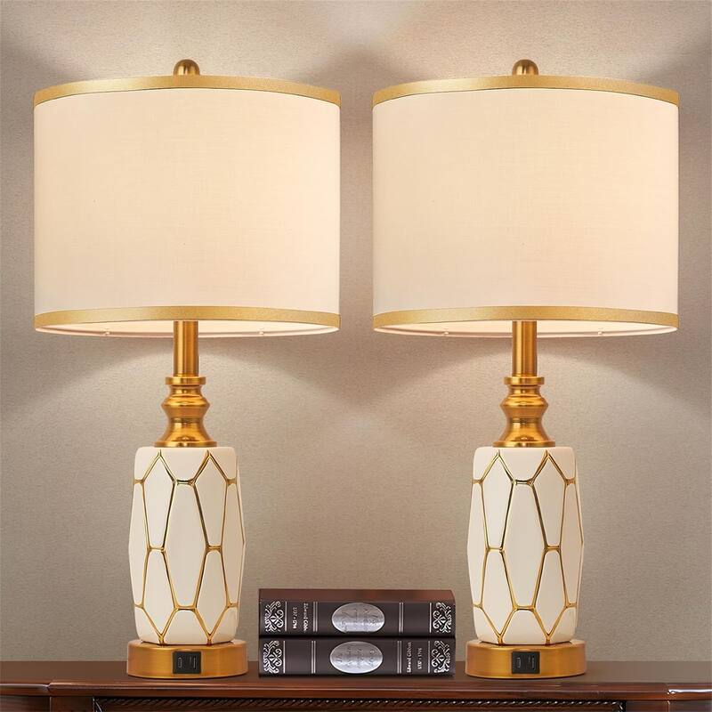 Modern Ceramic Table Lamp with USB Port, Fabric Drum Shade