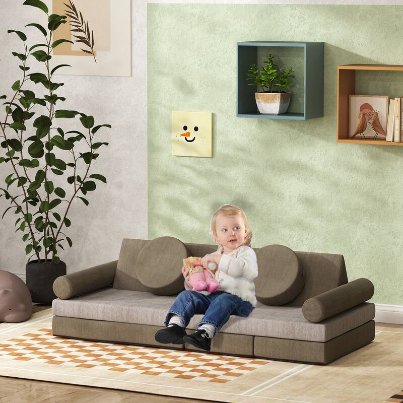 Modular Kids Play Couch, 12 Piece Kids Couch for Playroom Bedroom, Convertible Sofa Lounger for Boys & Girls, Khaki