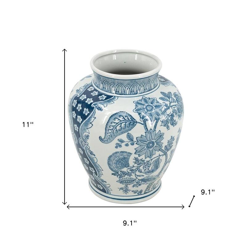 11" Light Blue And White Floral Round Porcelain Jar - 9.10