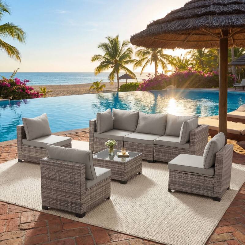 7-Piece Wicker Patio Conversation Set - Gray