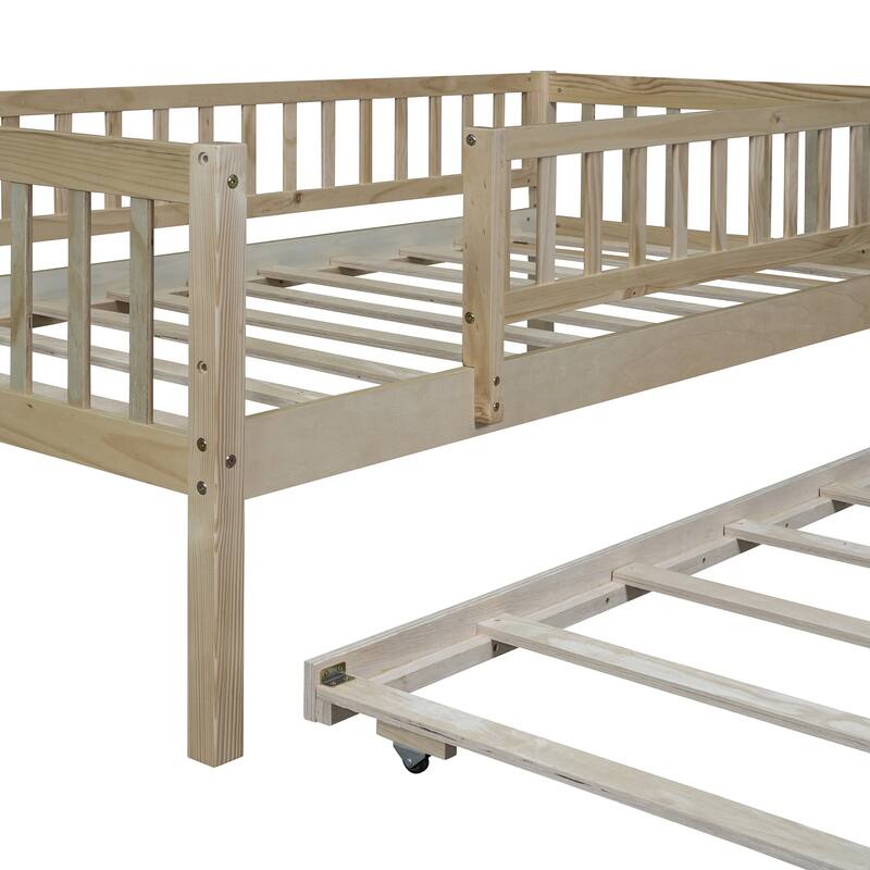 Twin Size Wood Daybed with Trundle and Safety Guardrails, Natural Finish