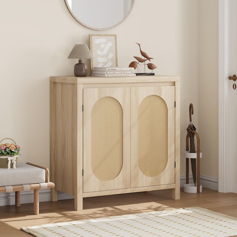 Rattan Storage Cabinet with PVC Woven Doors, Wooden Sideboard Buffet, with Adjustable Shelf, Multifunctional Cupboard