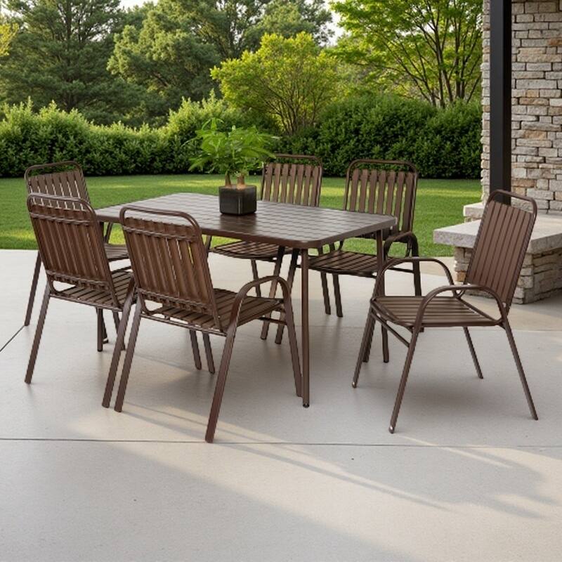 7-Piece Patio Dining Set with Steel Table and Plastic Chairs, Weather-Resistant Outdoor Furniture - Brown