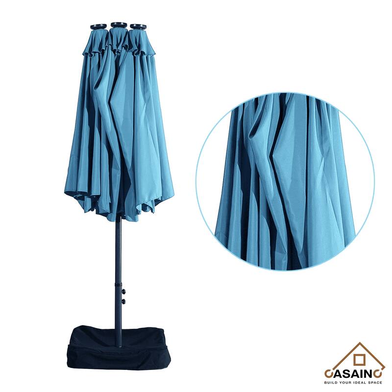 15-ft. Rectangular Crank Double-sided Outdoor Market Umbrella Solar LED Lighted Patio Umbrella with Base Included