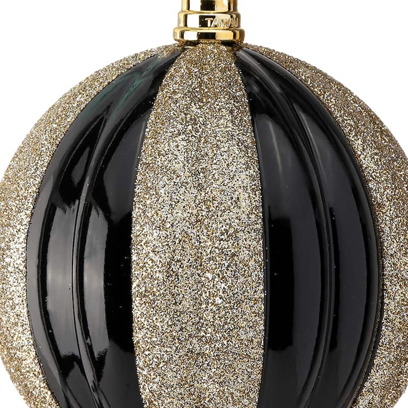 100mm Shatterproof Plastic Shiny Glitter Stripe Ball Ornament Box of 4