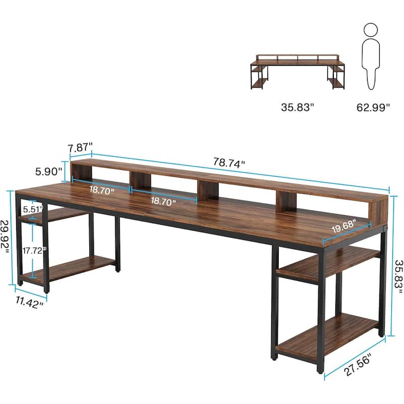 Two Person Desk with Monitor Stand,78.74"Long Double Computer Office Desk with Storage Shelves,Large Writing Table Workstation
