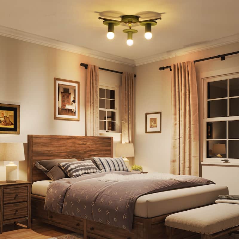 17.5" W 3-Light Modern Green/Black Sputnik Metal Wooden Semi-flush Mount Ceiling Light for Living Room, Bedroom