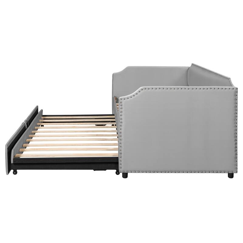 Upholstered Daybed Twin Size Daybed with Pull-Out Lift-Up Trundle and Nailhead Trim Armrest Velvet for Bedroom Apartment