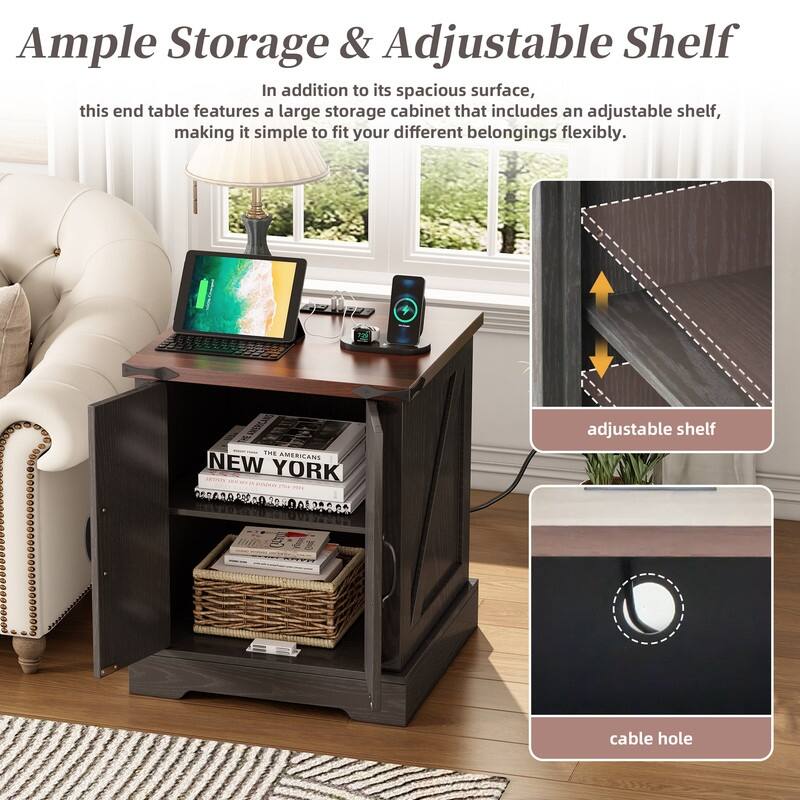 Farmhouse Nightstand with Charging Station, Rustic Bedside Table with Shelf