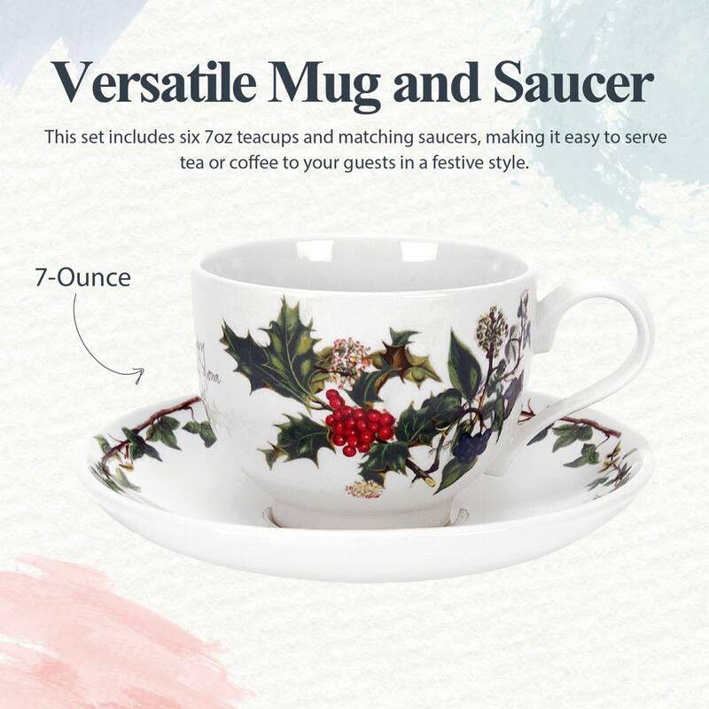 Portmeirion Set of 6 Christmas The Holly and Ivy Teacups and Saucers - 6.7 oz