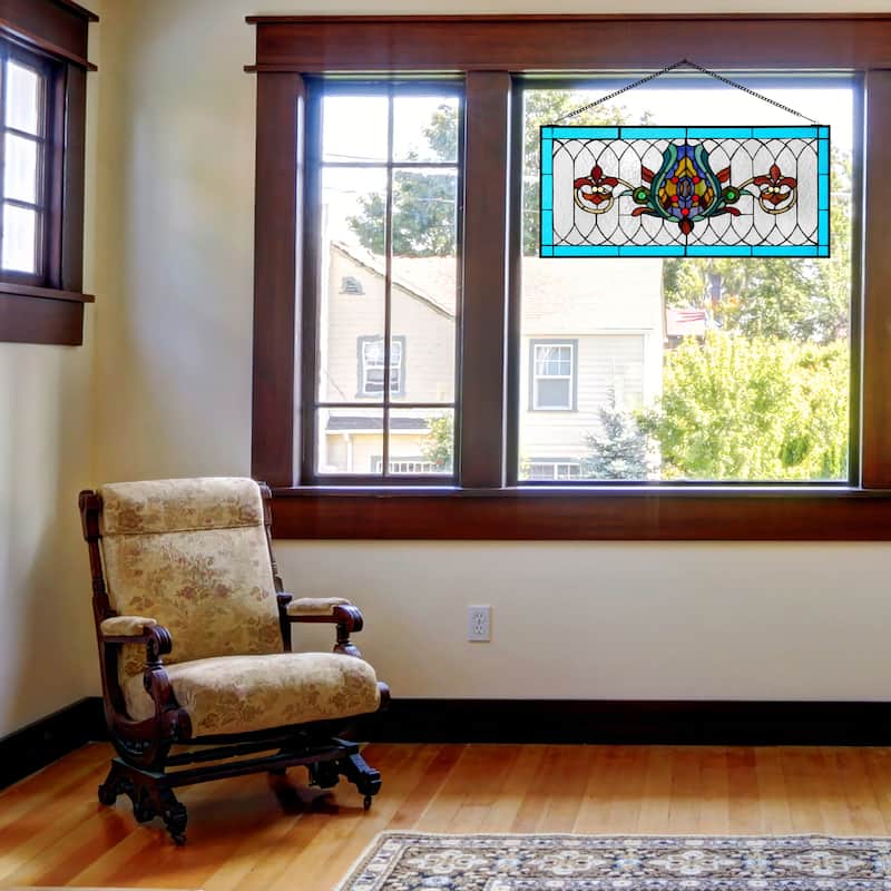 River of Goods Fleur De Lis Stained Glass Pub Window Panel - 30"L x 0.25"W x 14"H