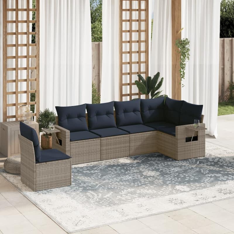vidaXL Patio Sofa Set with Cushions Outdoor Conversation Furniture Poly Rattan - 24.4 x 24.4 x 27.2 - Grey and Blue-Without table