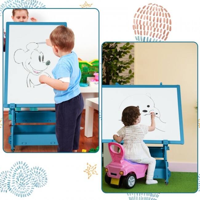 Multifunctional Kids' Standing Art Easel with Dry-Erase Board -Navy - 19.5" x 18.5" x 34.5"-48.5" (L x W x H)