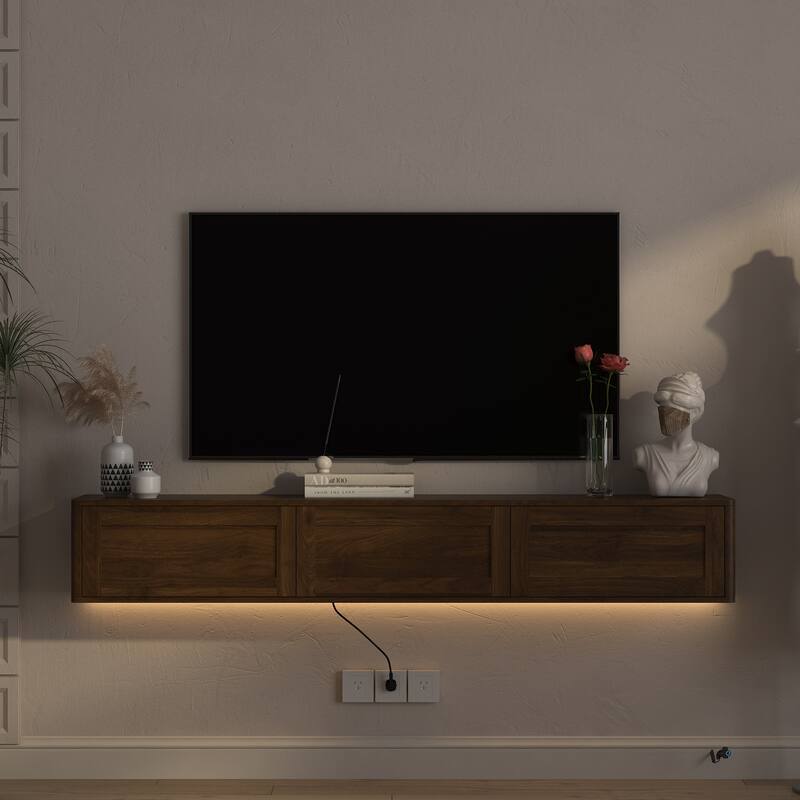 Wall Mounted TV Stand, High Gloss Floating TV Stand with LED Lights & Power Outlet