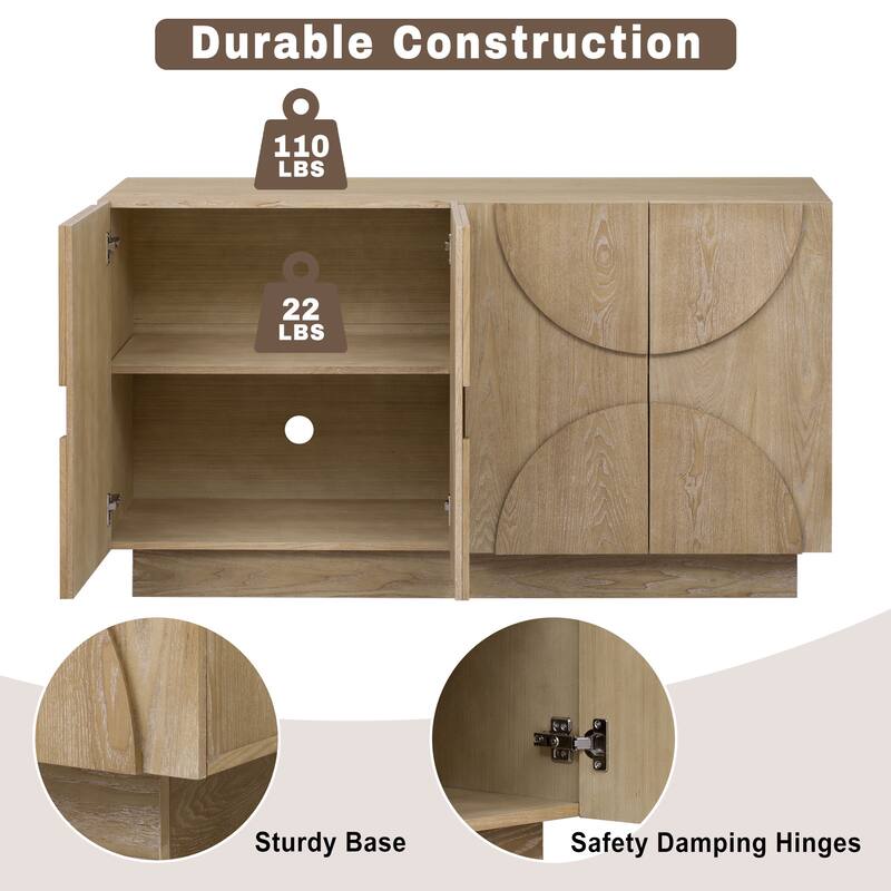 4-Door Large Storage Sideboard, Wood Sideboard Cabinet With Semi-Circular Handles And Adjustable Shelves