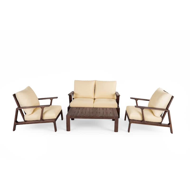 Scott Living Doris 4 Piece Outdoor Slat Design Acacia Wood Upholstered Seating Set