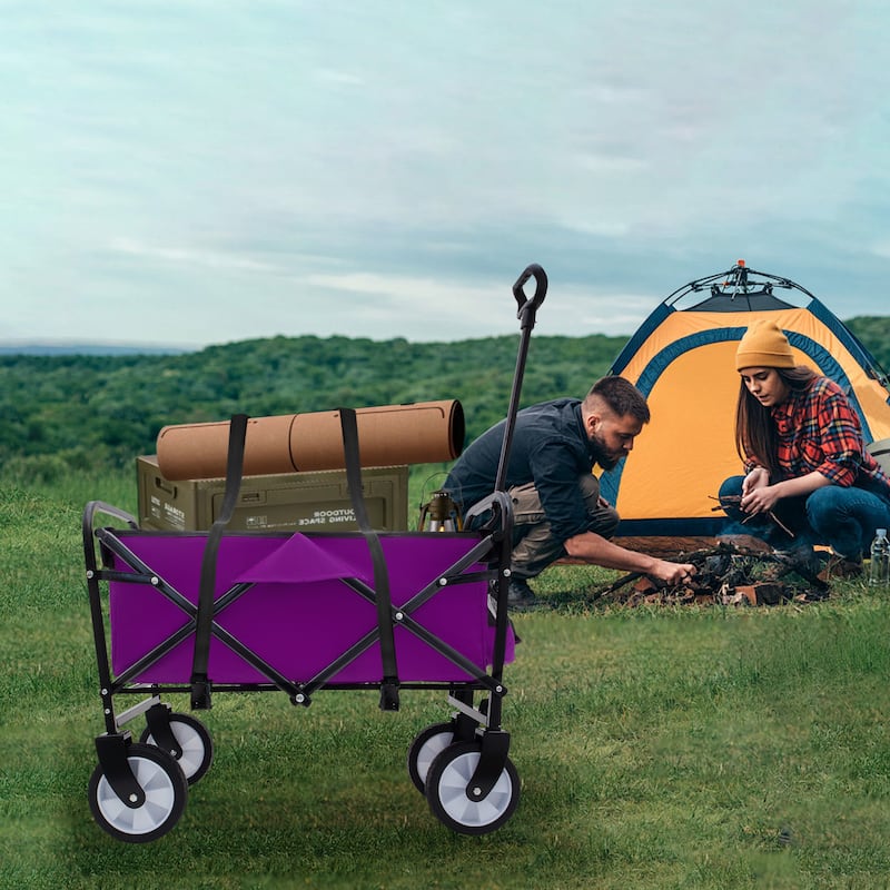 Collapsible Utility Wagon with Storage Straps - 225lb Capacity Foldable Cart, Purple
