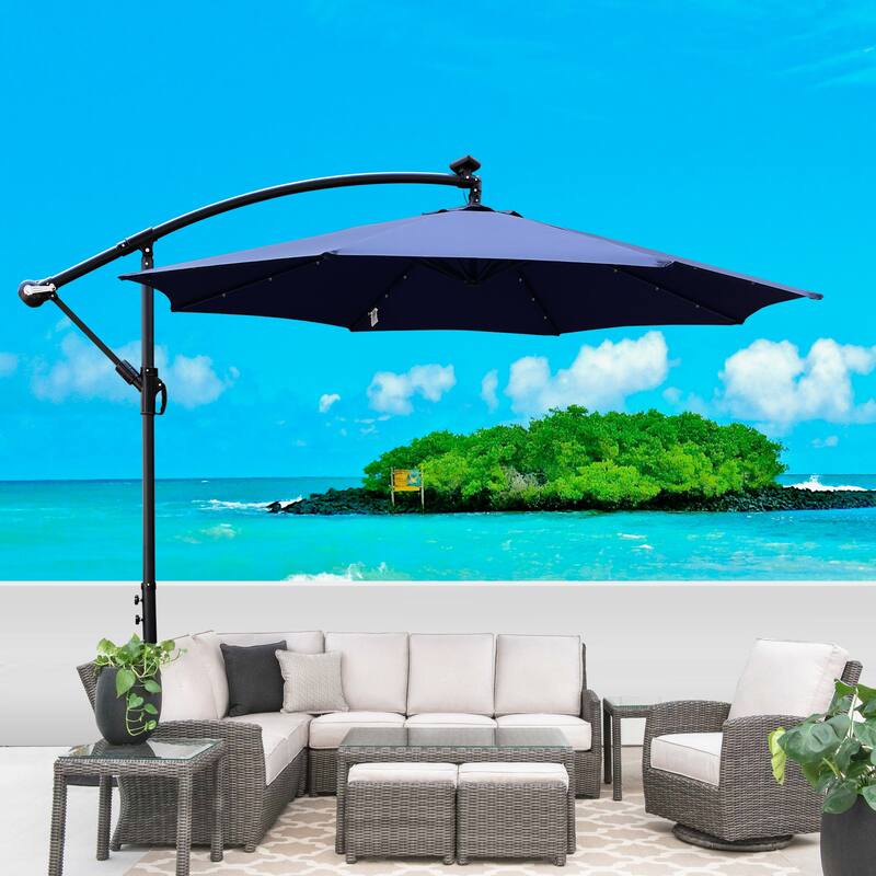10 ft Solar Powered LED Patio Umbrella with Crank and Cross Base for Outdoor Use