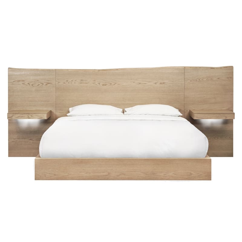 Aziel Queen Size Bed, Live Edge Headboard, Floating Side Shelves, Brown