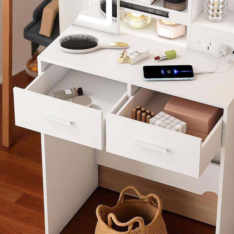Small Makeup Vanity with Mirror & LED Lights, Charging Station, Storage Drawers, Cushioned Stool, White Dressing Table