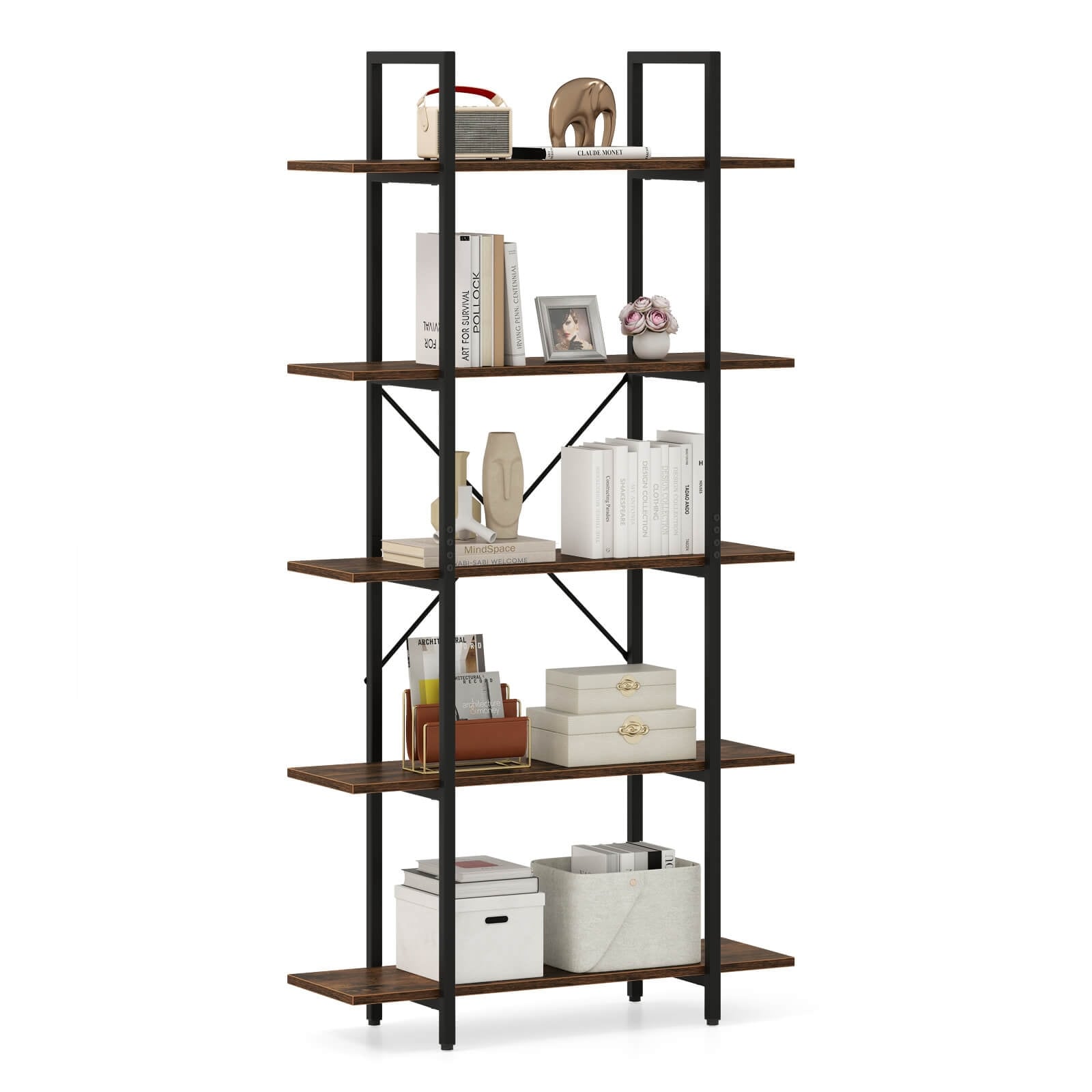 Costway 1/2 PCS 5-Tier Bookshelf 62" Tall Vintage Industrial Bookcase