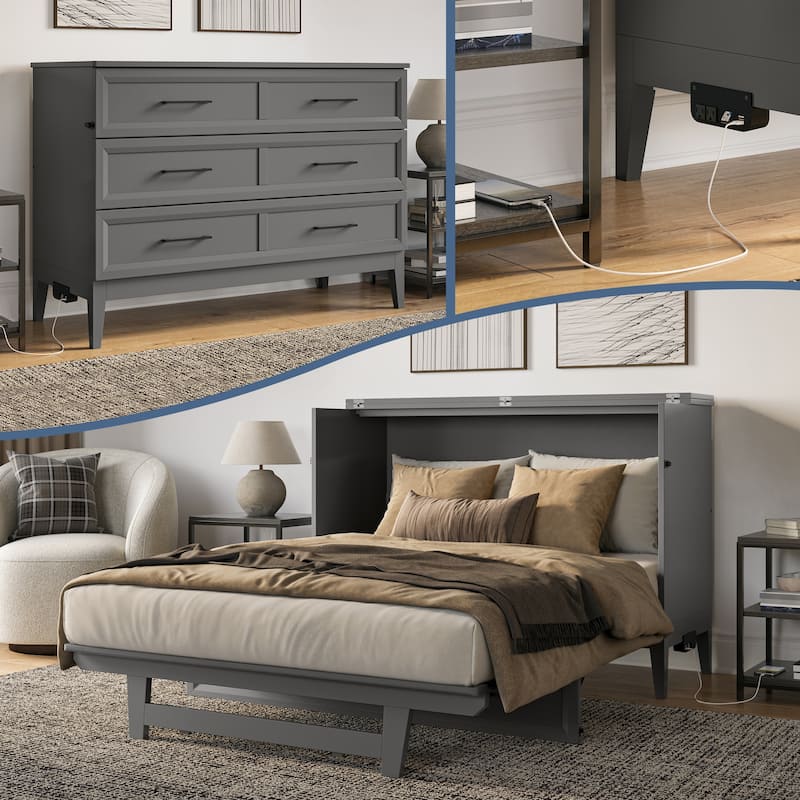 Santa Fe Murphy Bed Chest with Mattress and Built-in Charger - Grey - Full