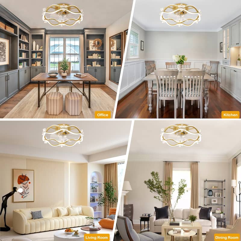 Oaks Aura 21in. Modern Smart App Control Daisy Crystal Low Profile Ceiling Fan With Light, Flush Mount Ceiling Fan for Bedroom