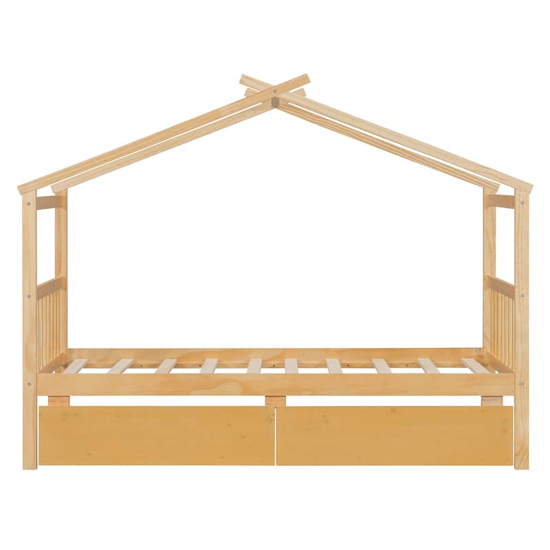 Twin Size Wooden House Bed with Drawers, 79.5"L x 41.5"W x 63.1"H, Natural