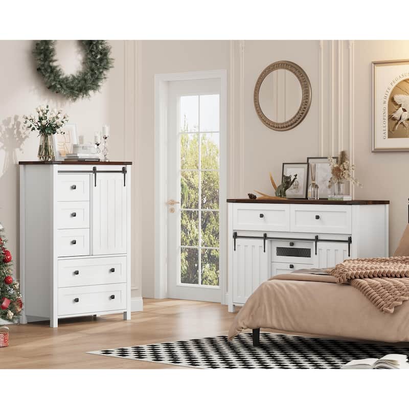 Farmhouse 5 Drawer Dresser for Bedroom, Wood Chest with Sliding Barn Door, Adjustable Shelf