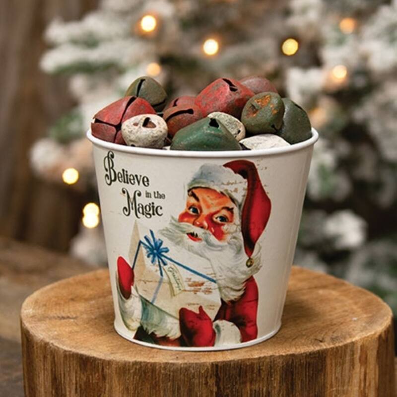 Vintage Santa White Metal Bucket Believe in the Magic Design