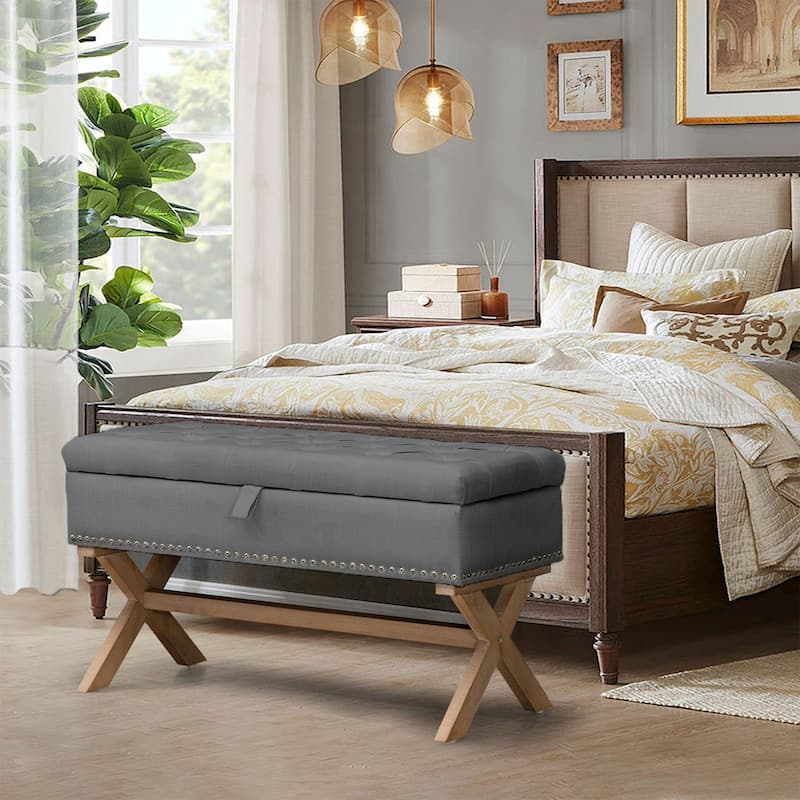Antique Dark Grey Linen Rectangle Button-Tufted Ottoman - 35.10" x 15.70" - Antique Dark Grey