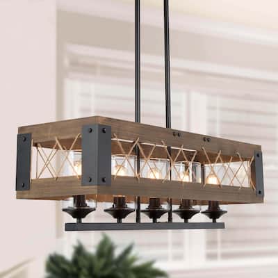 Farmhouse 5-Light Wood Linear Chandelier Island Lights for Dining Room