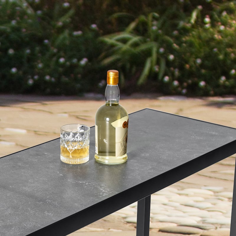 Outdoor Iron Rectangular Bar Table with 3D-Print Tempered Glass Tabletop, Black and Gray