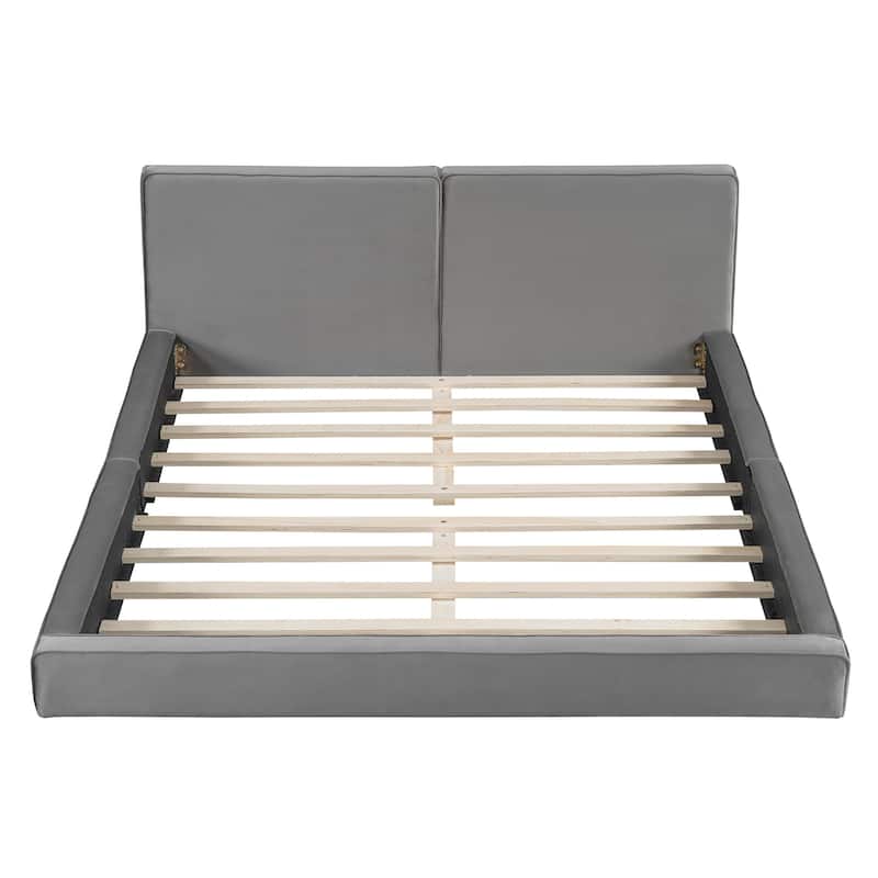 Queen Size Upholstered Platform Bed with Velvet Fabric, Grounded Bed with Solid Frame