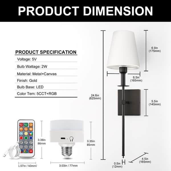 Klarlight Battery Operated Wall Sconce Set Of 2, RGB 3CCT Rechargeable