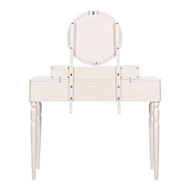 Vanity Desk with Adjustable Round Mirror, Wooden Dressing Table Set, Makeup Vanity Table with 4 Drawers & Cushioned Stool