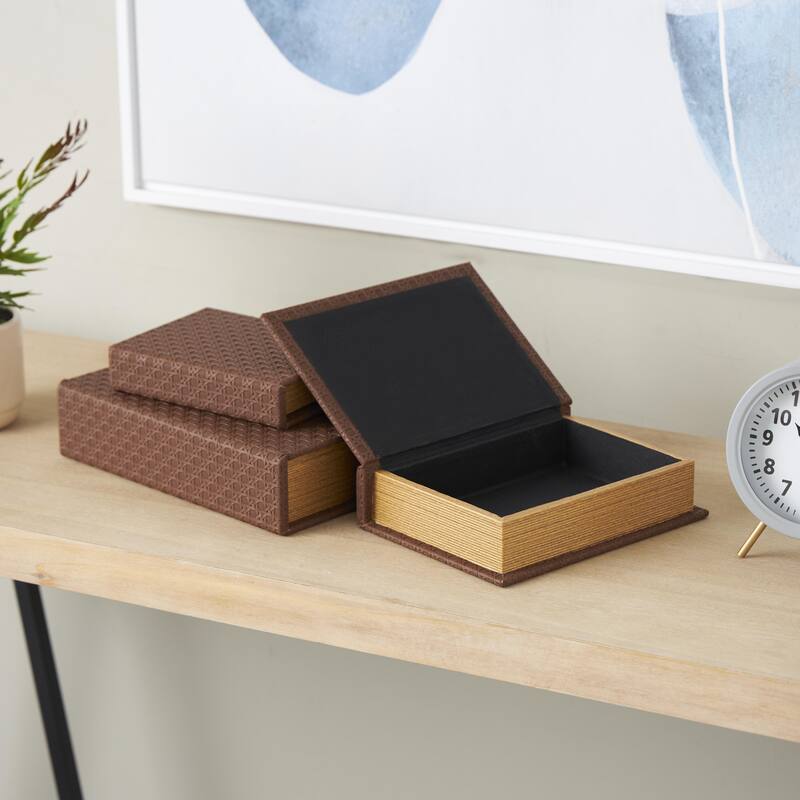 Faux Leather Book Shaped Decorative Box - Set of 3 Brown, Cream, Black, Copper - Roche River Decor