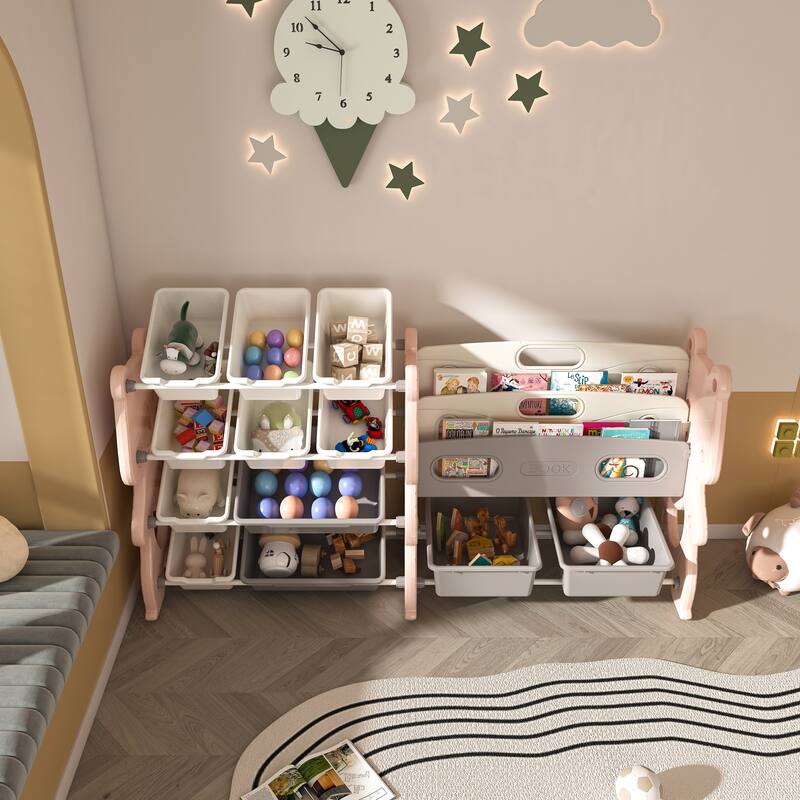 Kids Toy Storage Organizer, Toy Organizer with 2 Tier Bookshelf