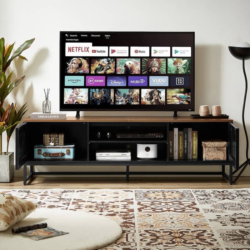 ​Modern Grille TV Stand with 2 Storage Cabinets and Rectangular Legs for Living Room Dining Media Spaces​