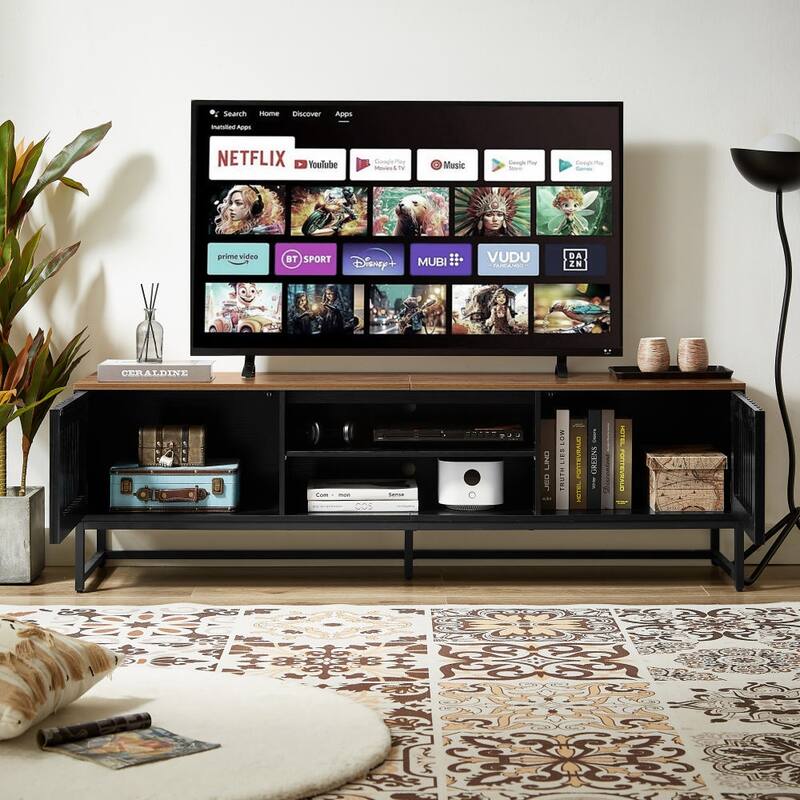 63" TV Stand with Slatted Grille Striped Doors and Storage Shelves for TVs Up to 60"
