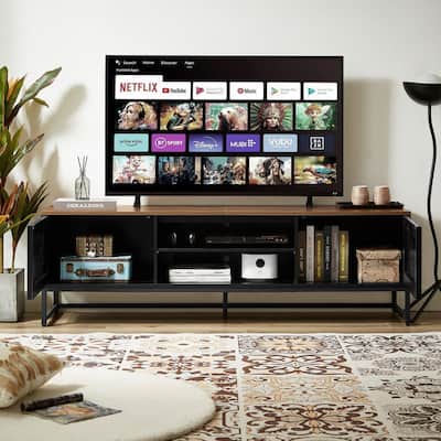 TV Stand with Grille-Striped Doors, Entertainment Center with Open Shelves, Media Console Table with Metal Legs