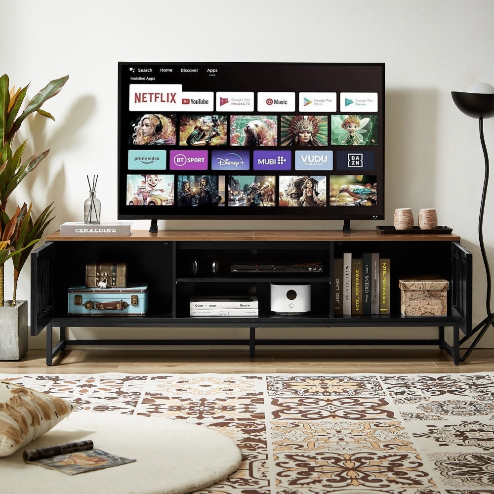 TV Stand with Grille-Striped Doors, Entertainment Center with Open Shelves, Media Console Table with Metal Legs