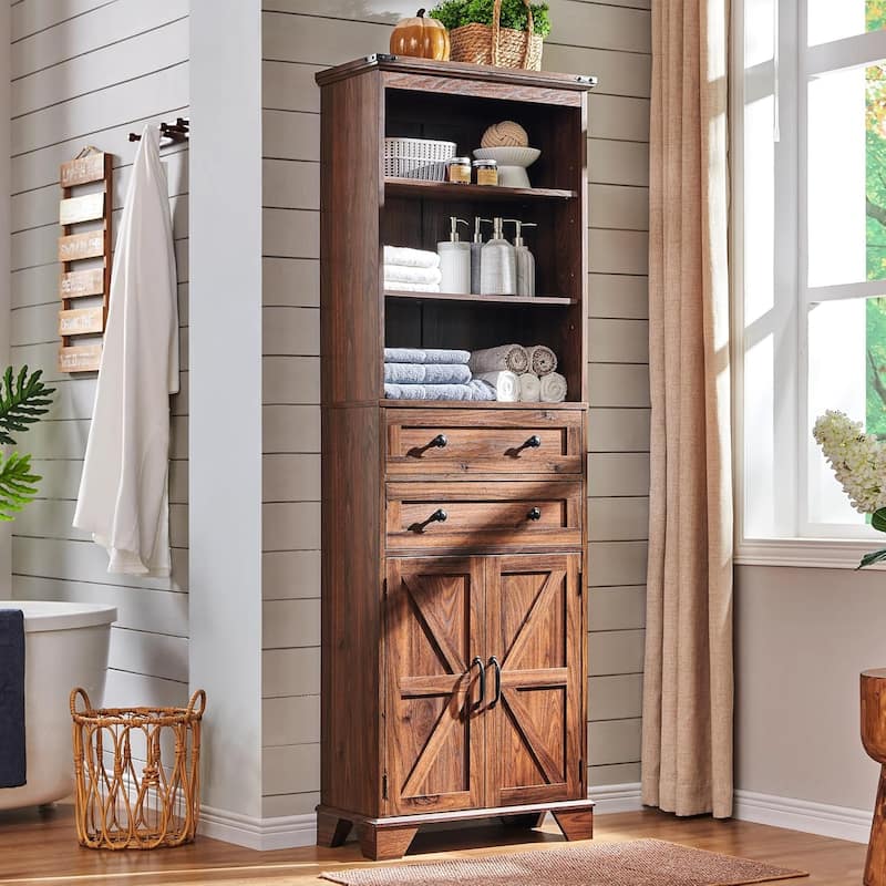 72" Tall Bathroom Storage Cabinet, Farmhouse Storage Cabinet - Brown