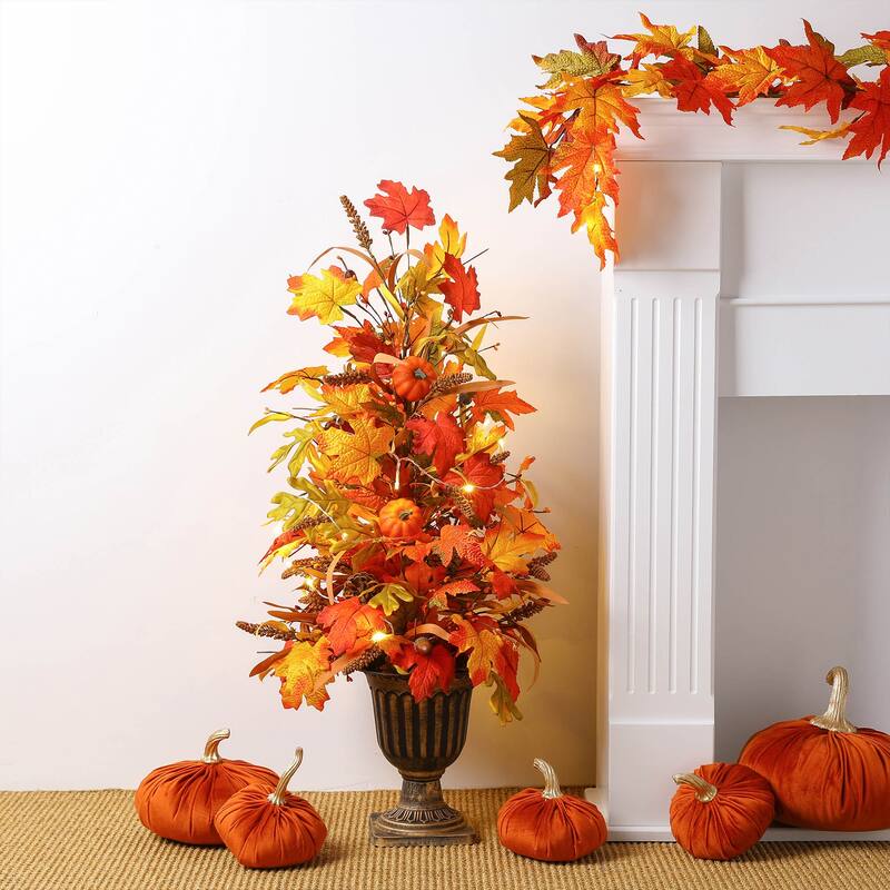 Glitzhome 3FT Fall LED Lighted Maple Leaves Urn Potted Porch Tree with Timer - 1-Piece 3FT