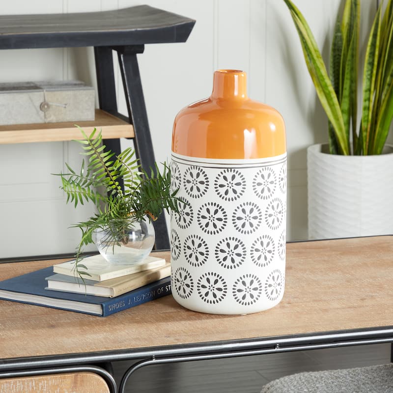 White Ceramic Floral Vase with Orange Tops - 10 x 8 x 15