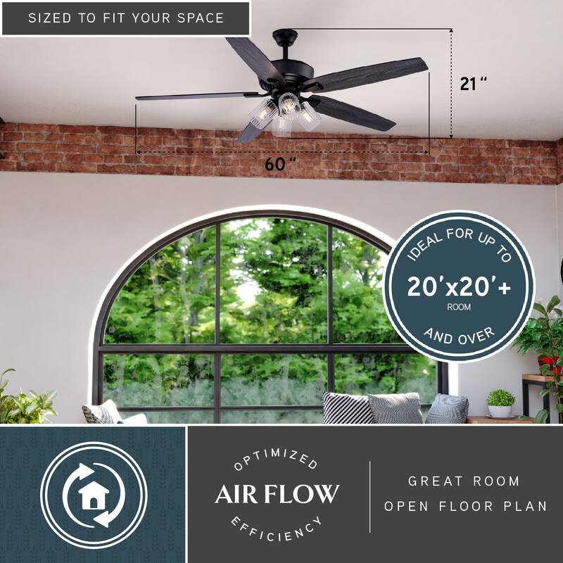 Fircrest 60 in. Matte Black Ceiling Fan with Reversible Gray Oak-Black Oak Blades, LED Light Kit and Remote, 6 Speeds, DC Motor