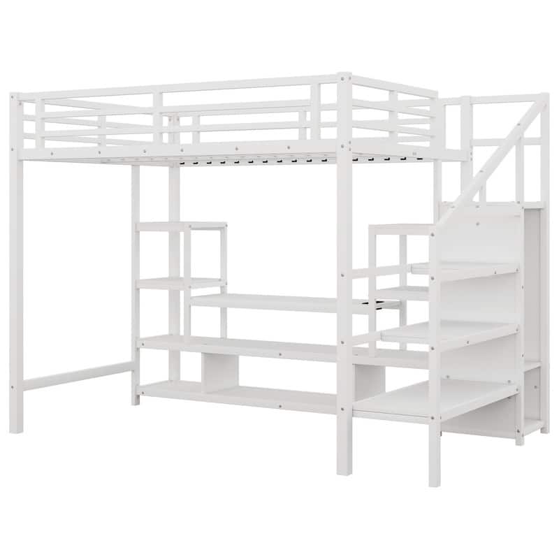 Full Size Metal Loft Bed with TV Cabinet, Staircase and Wardrobe