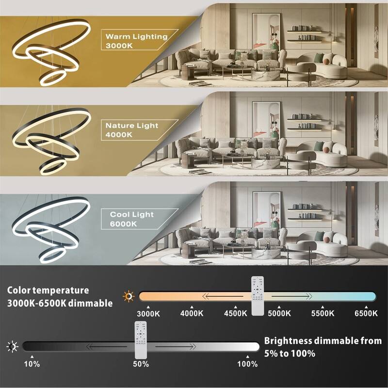 3-Rings Chandelier Modern LED Chandelier Black,Tiered 6 Ring LED Light
