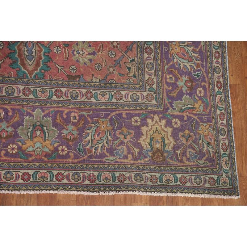 Hand Knotted Oriental 100% Wool Carpet Traditional All-Over Pink Tabriz Area Rug - 12' 8'' X 9' 8''