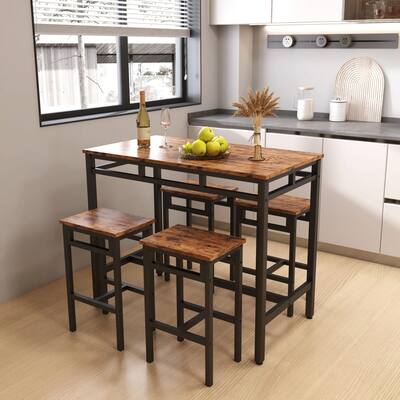 5-Piece Bar Table Set with High Stools - Industrial Style, Rustic Brown, Structurally Reinforced